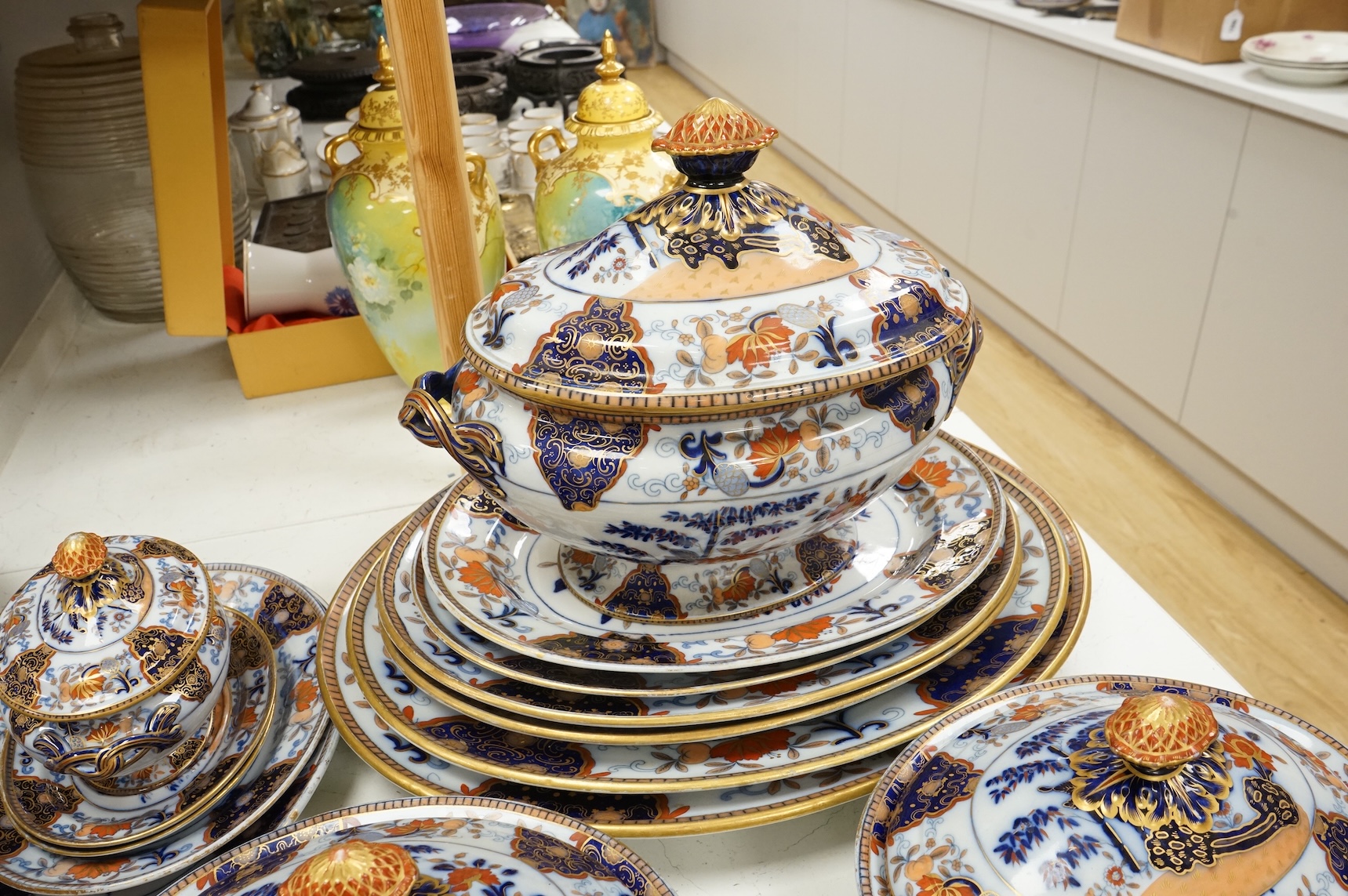 A Victorian Davenport dinner service to include tureens, dinner plates and soup bowls, largest 52cm wide